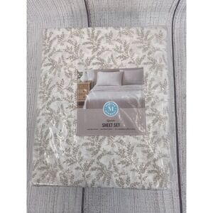 Martha Stewart Sheet Set Queen Sandcastle Botanical Leaf 100% Cotton 4pc White